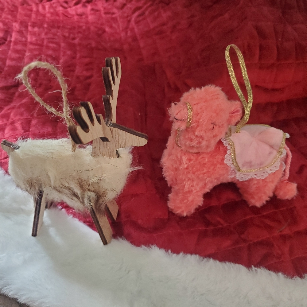 Wooden Reindeer and Pink Camel Ornaments